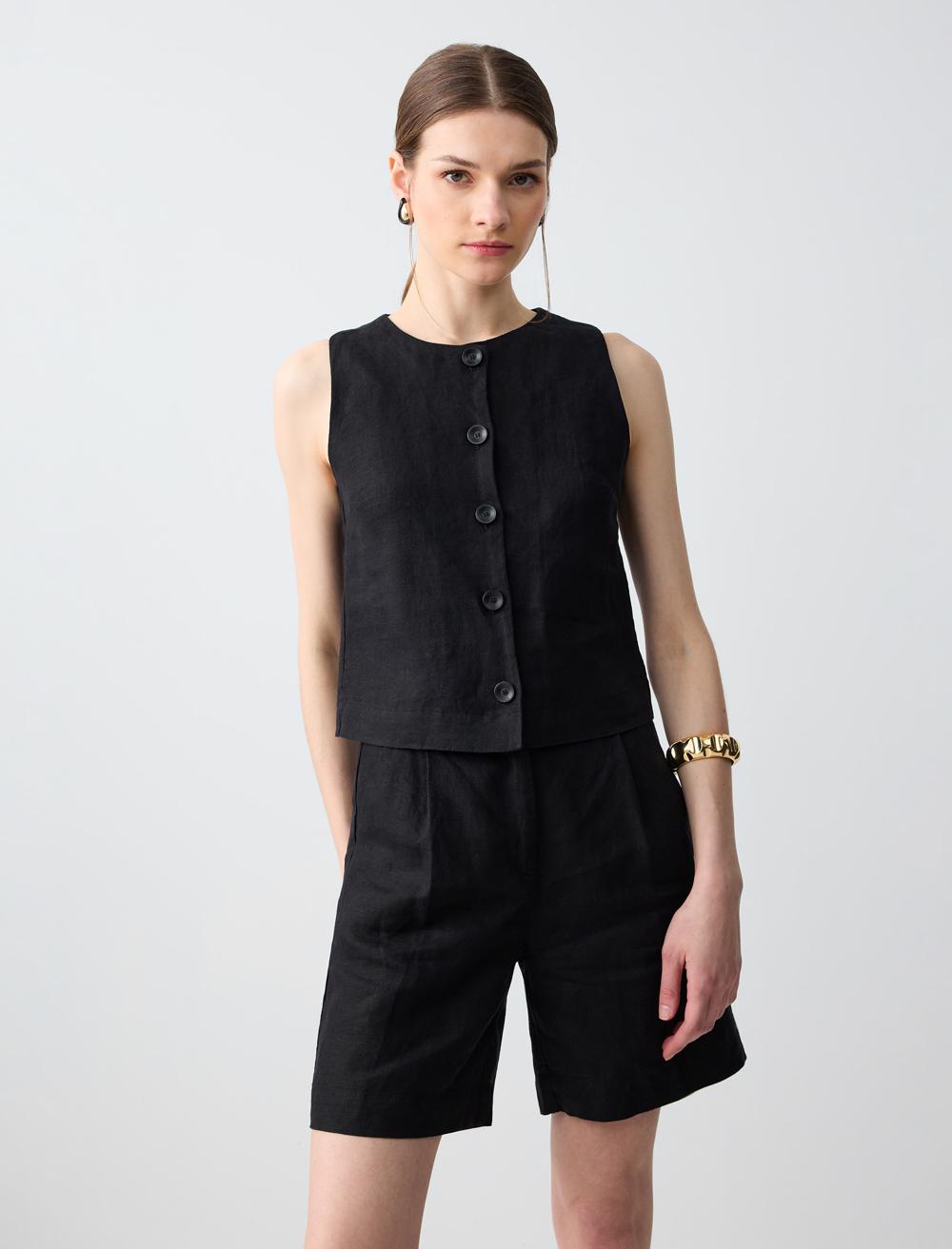 %100 Keten Dar Kesim Kısa Dokuma Yelek