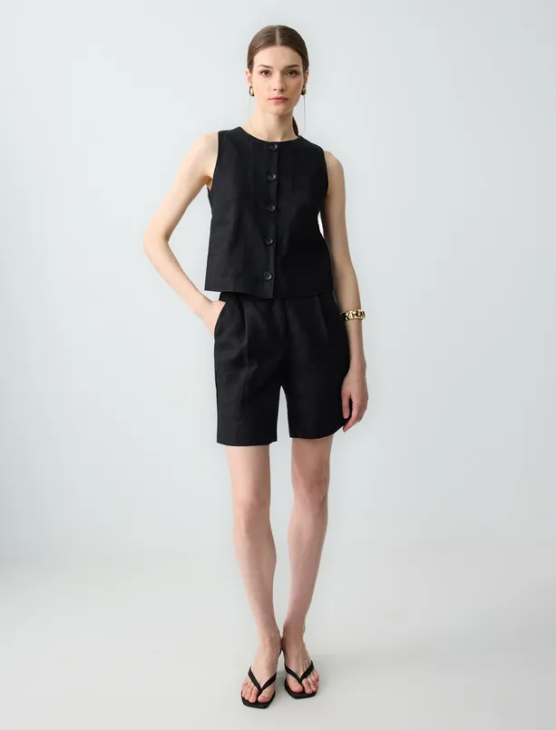 Women Black 100% Linen Slim Fit Short Woven Vest