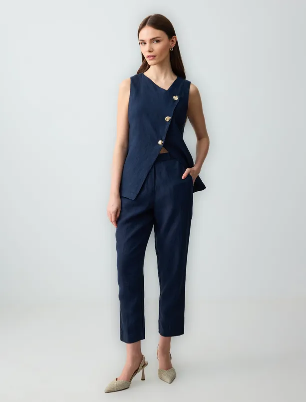 Women Dark Blue 100% Linen Slim Fit Woven Vest with Button Detail