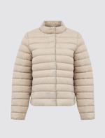 beige inflatable coat combo