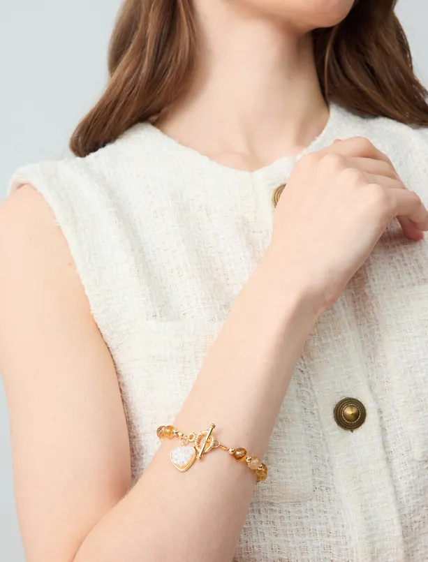 Women Yellow Heart Figured Natural Stone Detailed Gold Plated Bracelet