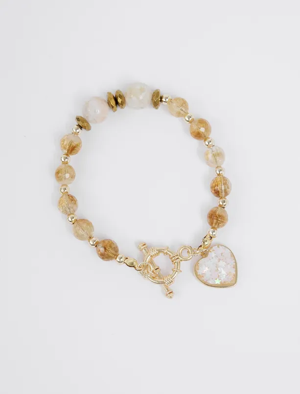 Women Yellow Heart Figured Natural Stone Detailed Gold Plated Bracelet