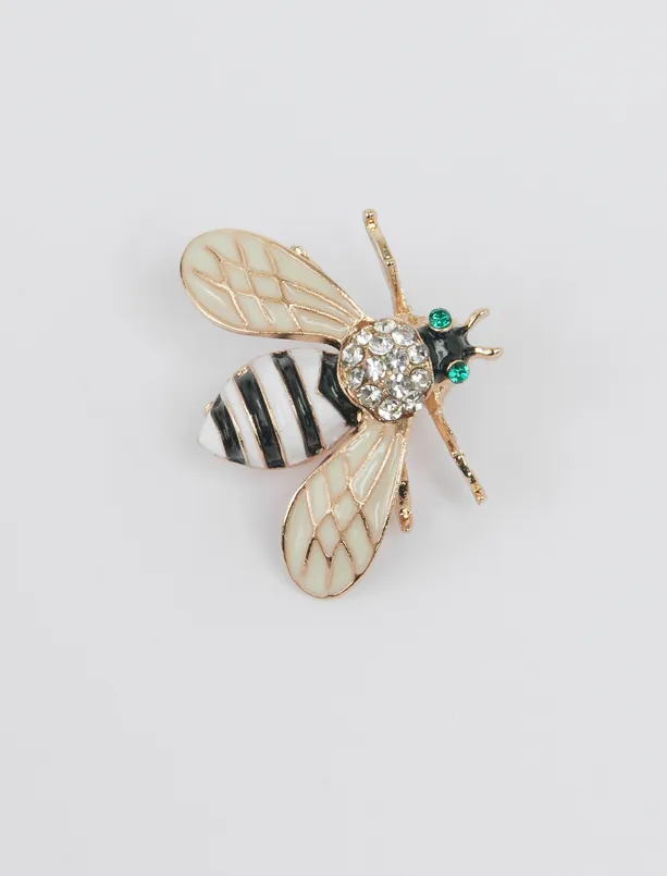 Bayan Beyaz Arı Figürlü Çizgi Desenli Broş