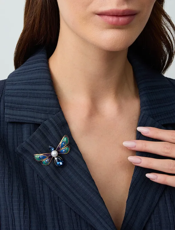 Women Blue Pearl Butterfly Figured Brooch