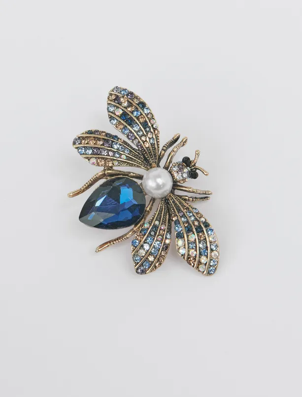 Women Dark Blue Butterfly Figured Pearl Brooch