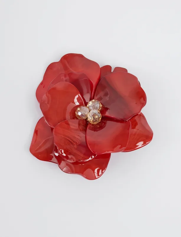 Bayan Kırmızı Parlak Çiçek Figürlü Taşlı Broş