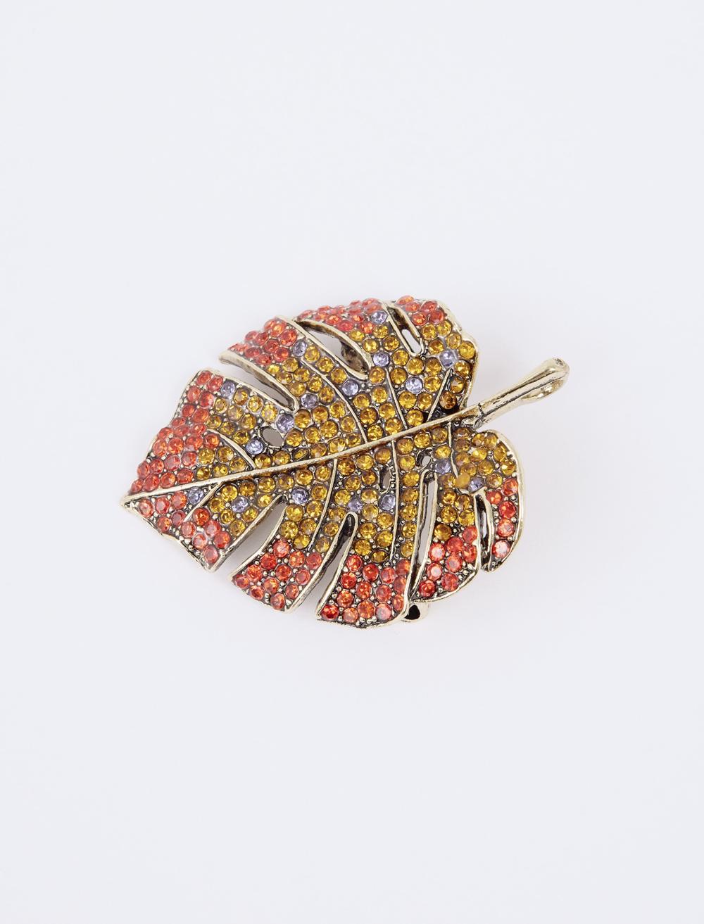 Yaprak Figürlü Parlak Taş Detaylı Broş