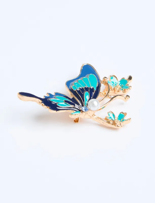 Women Blue Butterfly Figured Flower Detailed Brooch