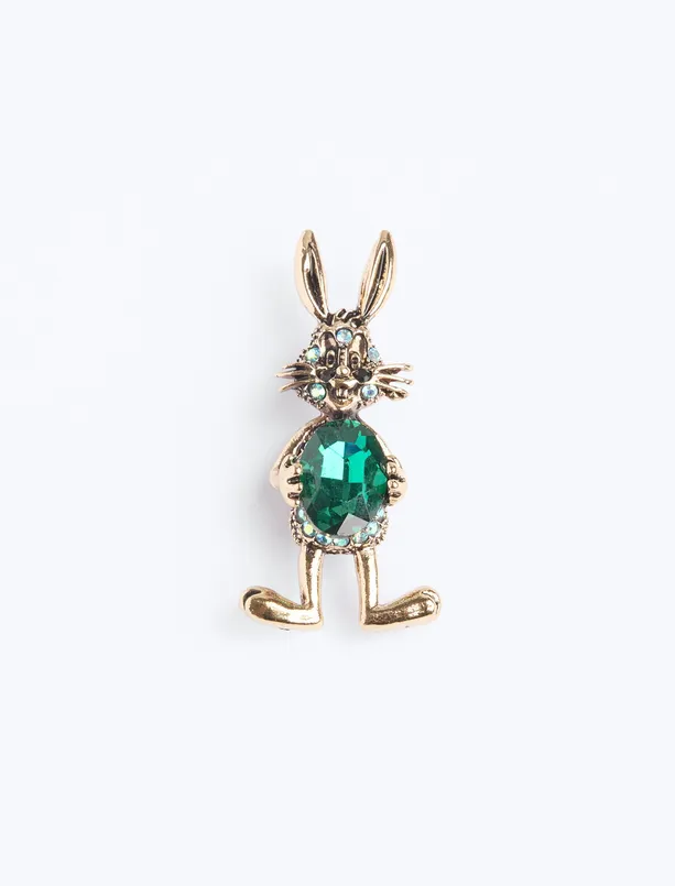 Women Green Rabbit Figured Stone Brooch
