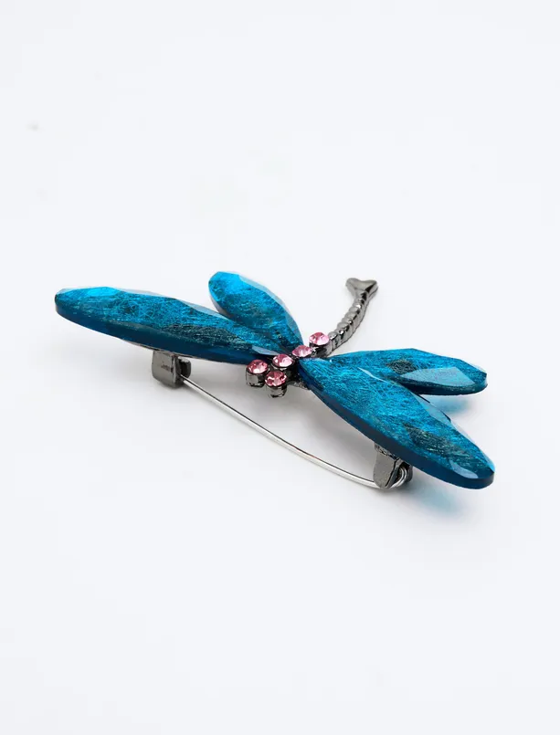 Bayan Mavi Yusufçuk Figürlü Taş Detaylı Broş