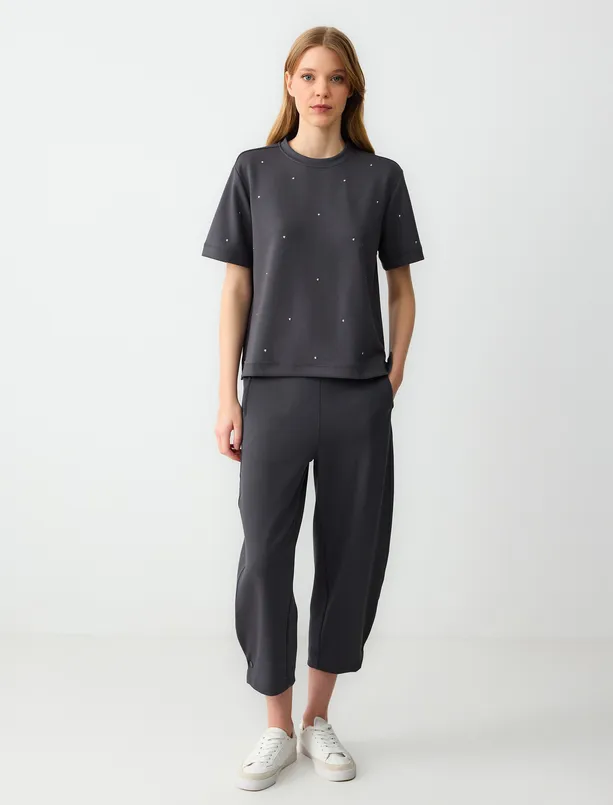 Bayan Antrasit Bisiklet Yaka Kısa Kollu Örme Sweatshirt