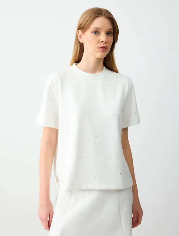 Women White Crew Neck Short Sleeve Knitted Sweatshirt