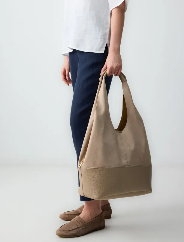 Women Mink Leather Hand and Shoulder Bag with Zipper Detail