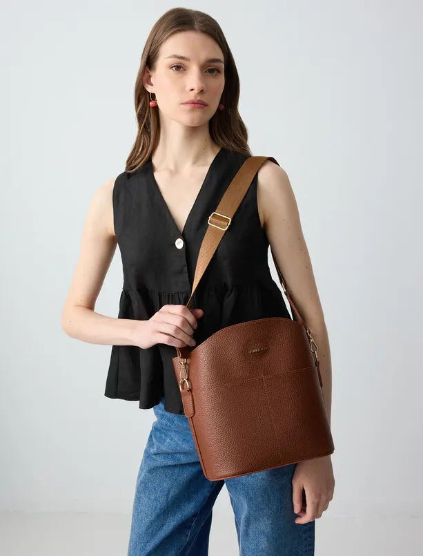 Women Brown Adjustable Strap Shoulder Bag with Metal Logo Detail