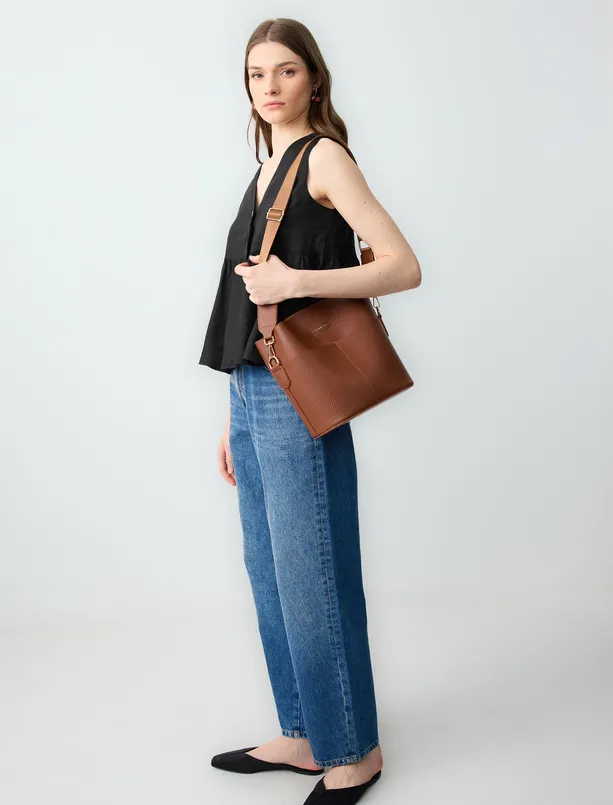 Women Brown Adjustable Strap Shoulder Bag with Metal Logo Detail