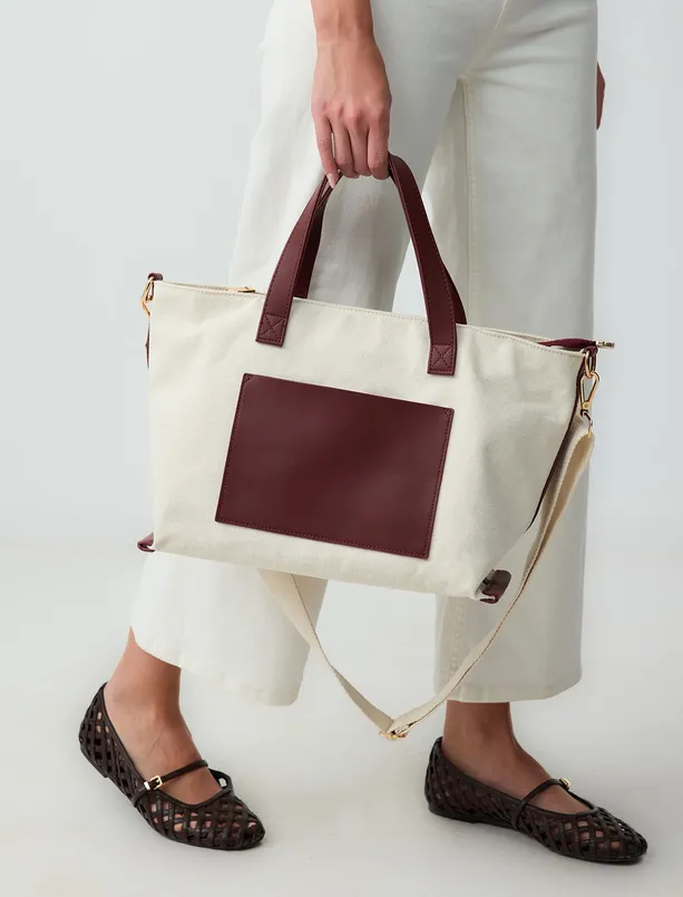 Women Claret Red Leather Detailed Canvas Bag with Strap