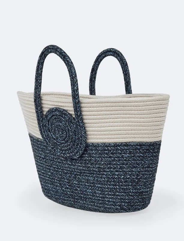 Bayan Lacivert Renk Bloklu Hasır Çanta