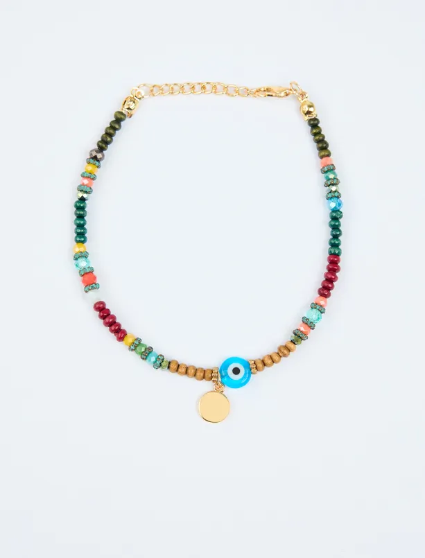 Women Brown Colorful Anklet with Evil Eye Bead Detail