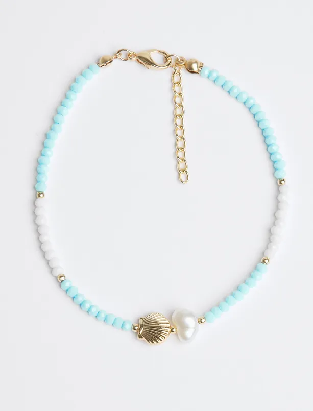 Bayan Mavi Deniz Kabuğu Figürlü İnci Detaylı Halhal