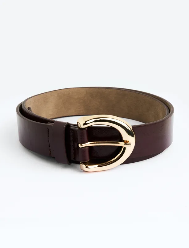 Women Claret Red Shiny Round Buckle Belt