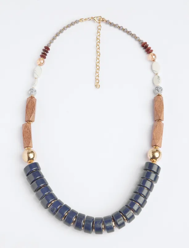 Women Dark Blue Wood Detailed Beaded Adjustable Necklace