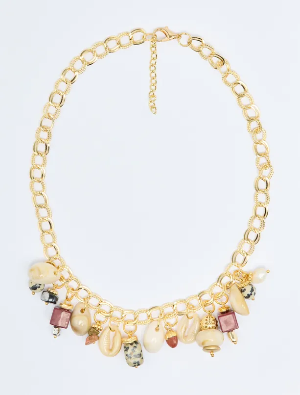 Women Yellow Multiple Seashell Figured Chain Necklace