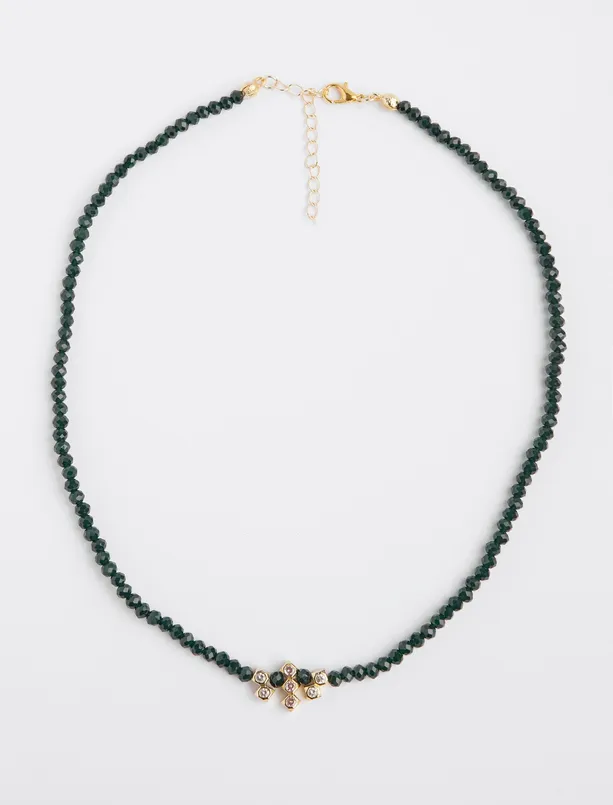 Women Green Natural Stone Detailed Beaded Necklace