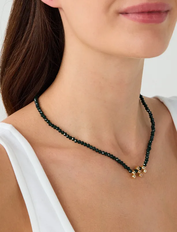 Women Green Natural Stone Detailed Beaded Necklace