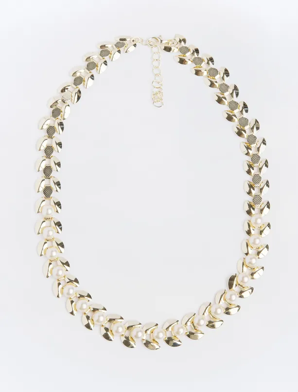 Women Yellow Pearl Detailed Chain Adjustable Necklace