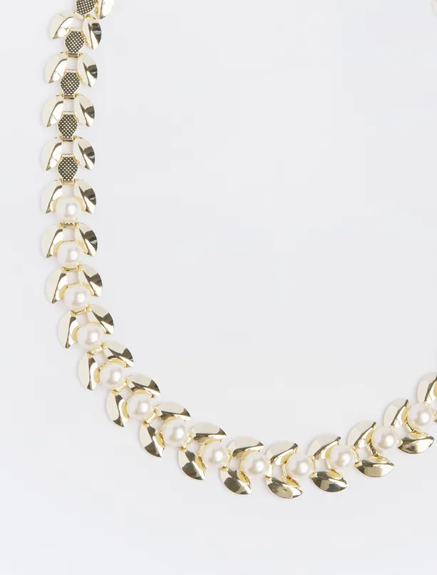 Women Yellow Pearl Detailed Chain Adjustable Necklace