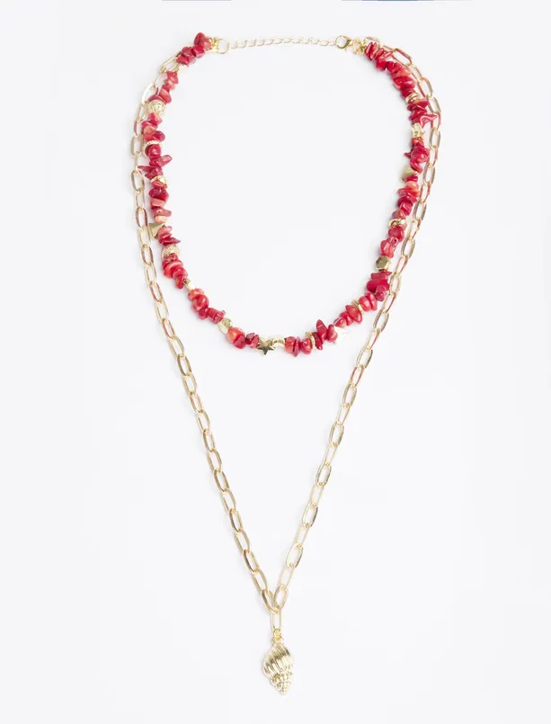 Women Red Coral Detailed Seashell Figured Double Necklace
