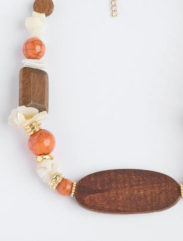 Bayan Turuncu Ahşap Detaylı Doğal Taşlı Ayarlanabilir Kolye