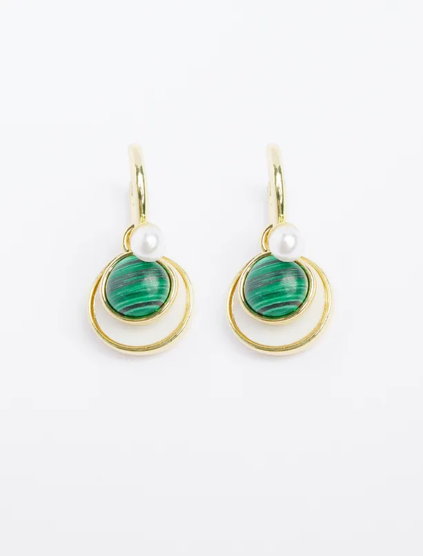 Women Green Round Shape Pearl Detailed Earrings