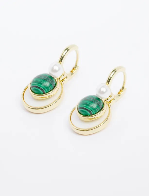 Women Green Round Shape Pearl Detailed Earrings