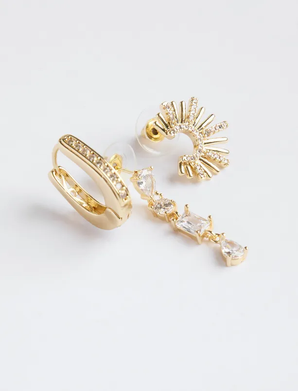 Women Yellow Shiny Stone Detailed Triple Earring Set
