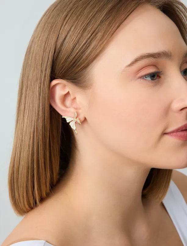Women White Butterfly Figured Shiny Earrings