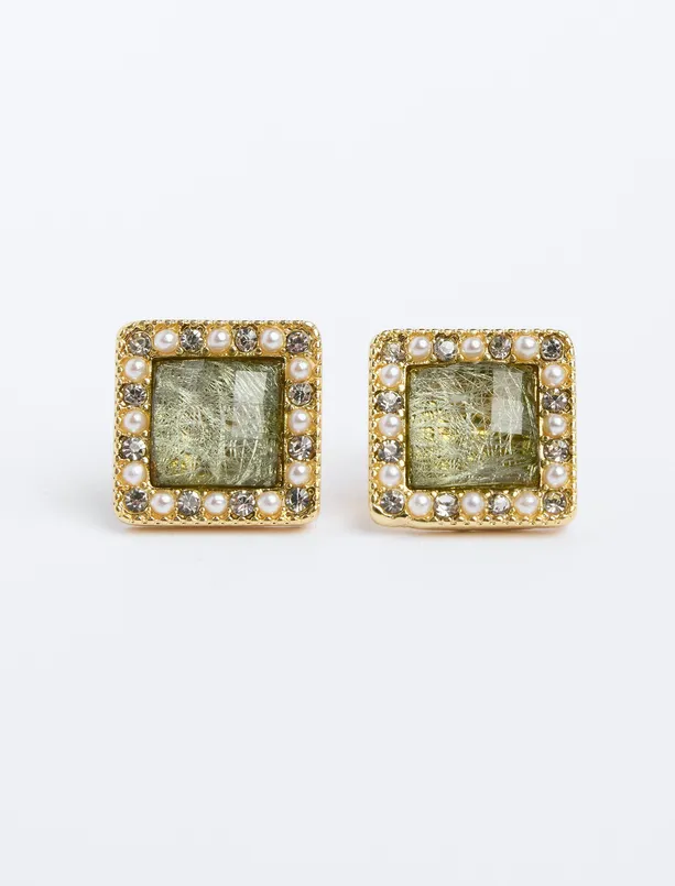 Women Green Square Shiny Stone Earrings