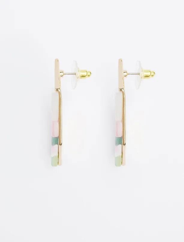 Bayan Pembe Renk Bloklu Asimetrik Desenli Küpe