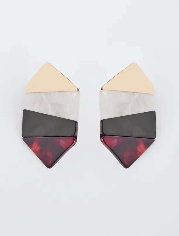 Women Claret Red Color Blocked Asymmetric Patterned Earrings