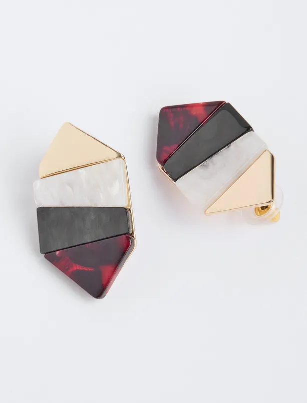 Women Claret Red Color Blocked Asymmetric Patterned Earrings