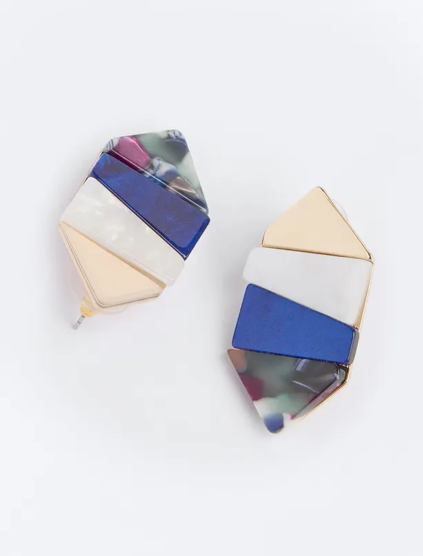 Bayan Mavi Renk Bloklu Asimetrik Desenli Küpe