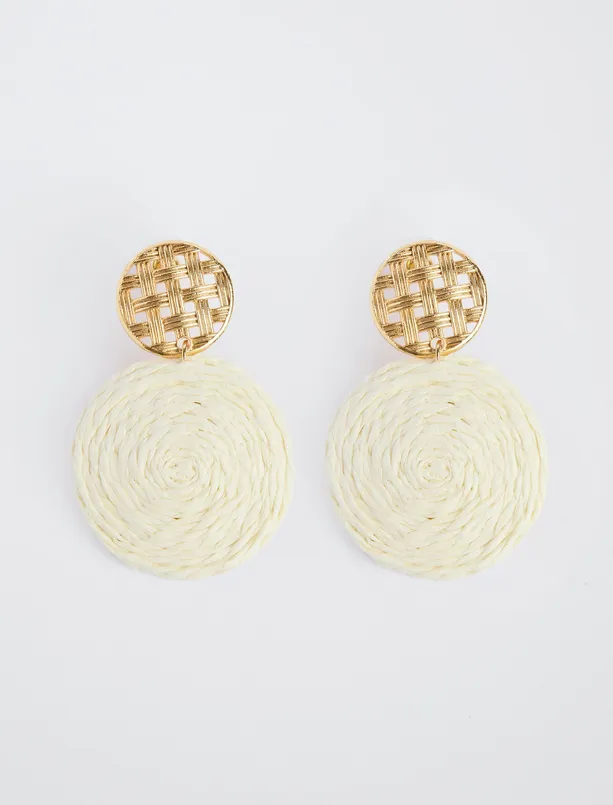 Women Ecru Round Earrings with Wicker Detail