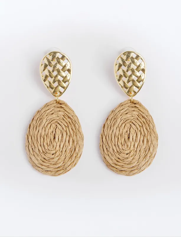 Women Brown Oval Earrings with Wicker Detail