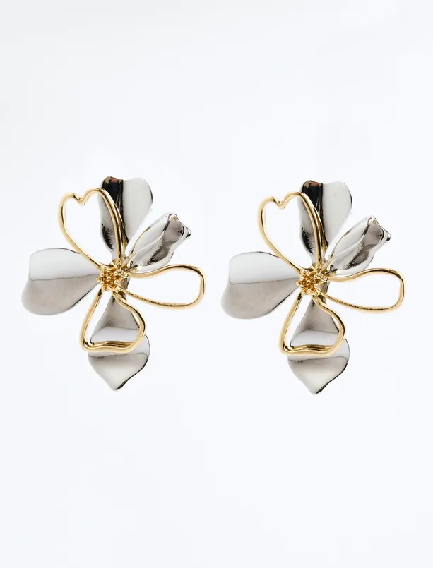 Women Mixed Metal Flower Figured Earrings