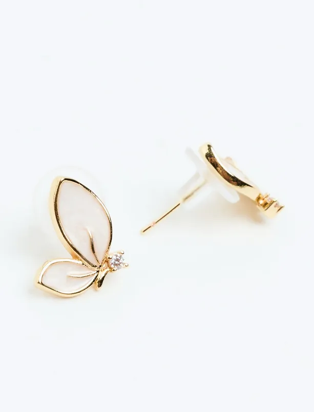 Women White Enamel Detailed Butterfly Fiigured Earrings