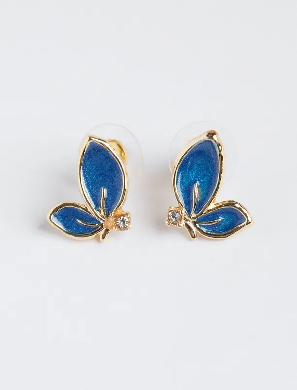 Women Blue Enamel Detailed Butterfly Fiigured Earrings