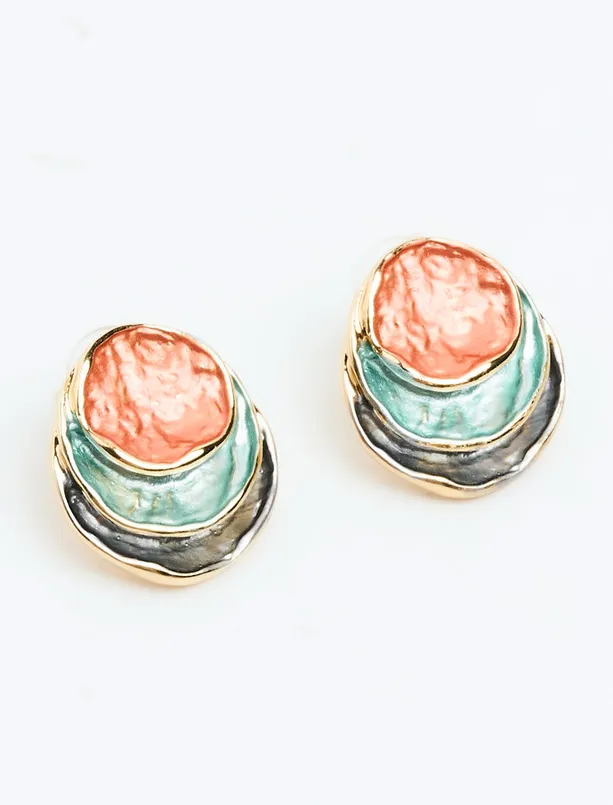 Women Mixed Enamel Detailed Round Figured Earrings