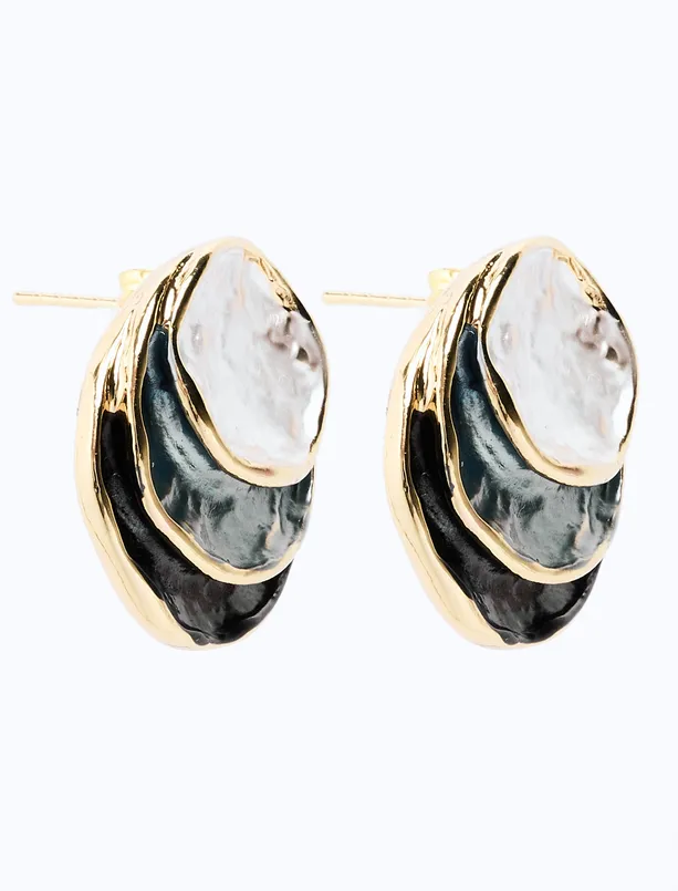 Women Black Enamel Detailed Round Figured Earrings