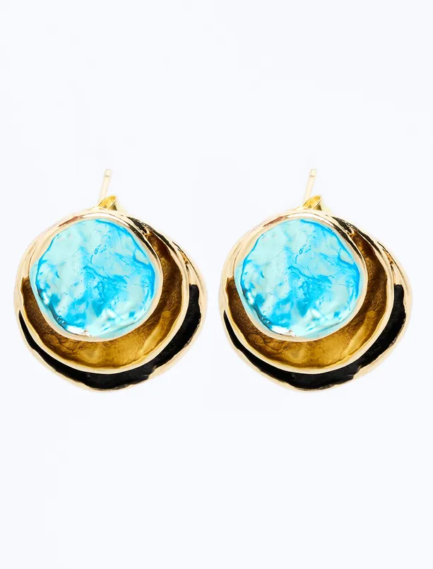 Women Turquoise Enamel Detailed Round Figured Earrings