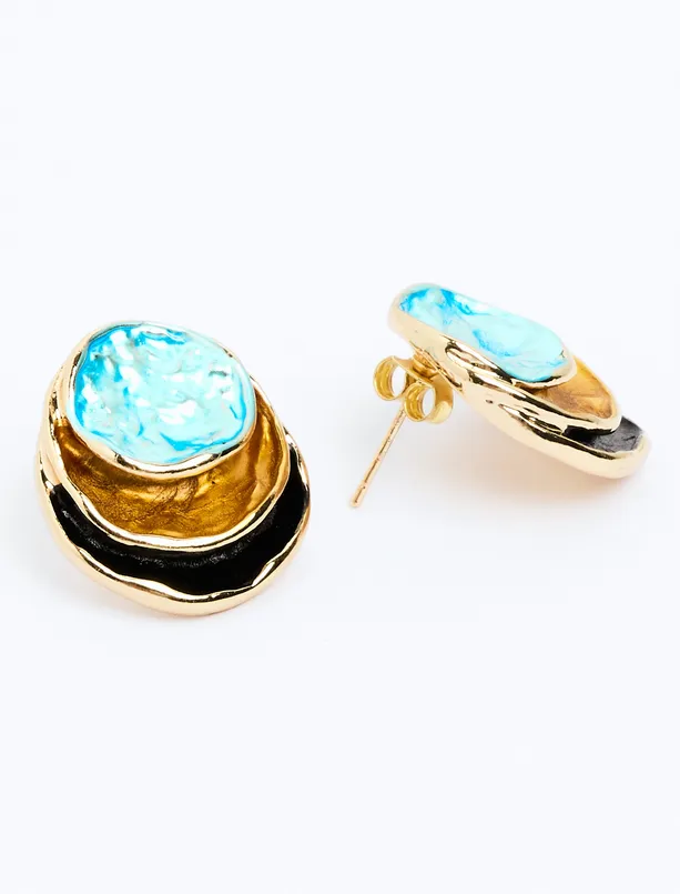 Women Turquoise Enamel Detailed Round Figured Earrings